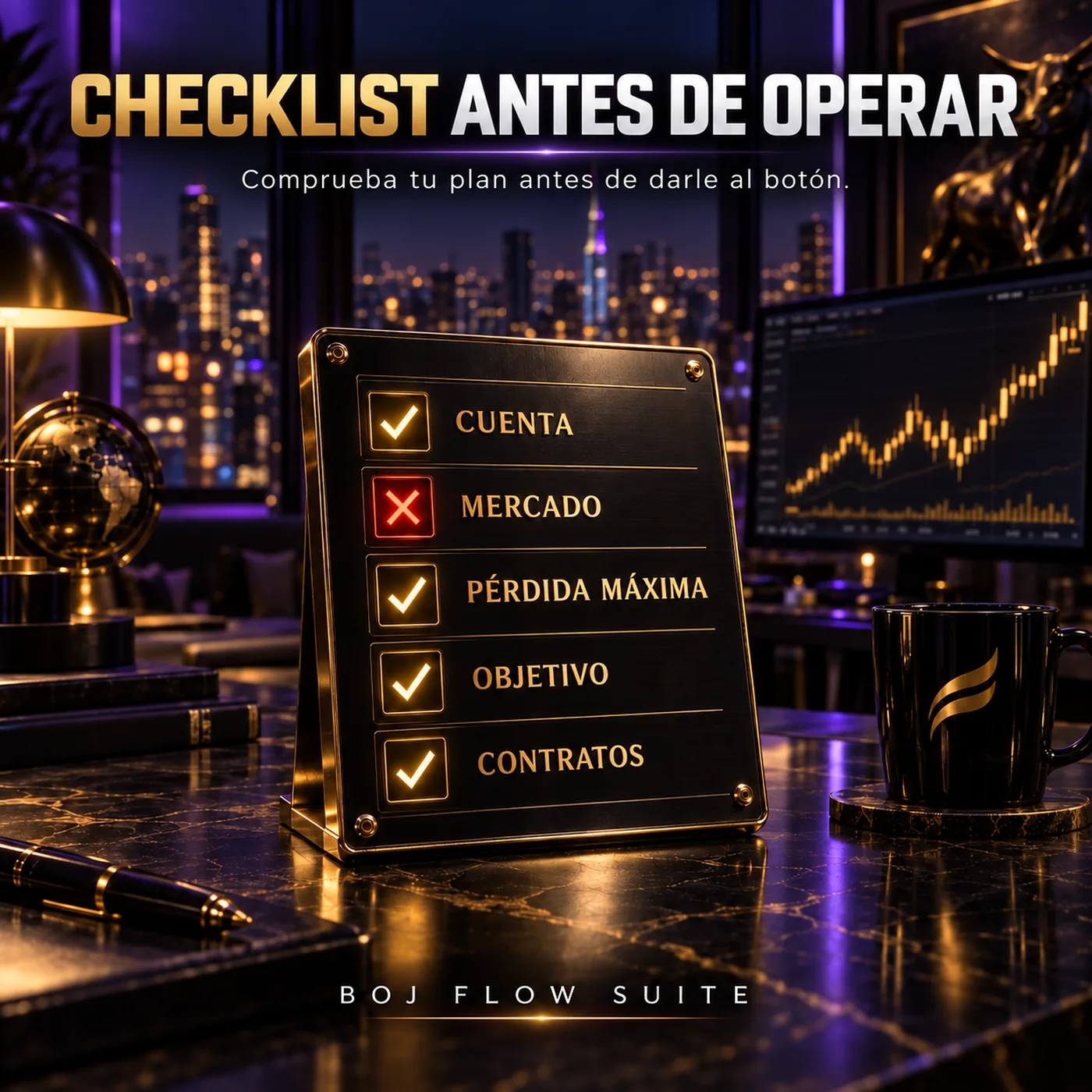 Tablero de checklist dorado con cinco líneas —cuenta, mercado, pérdida máxima, objetivo y contratos— y el mercado marcado en rojo, sobre un escritorio de trading de noche