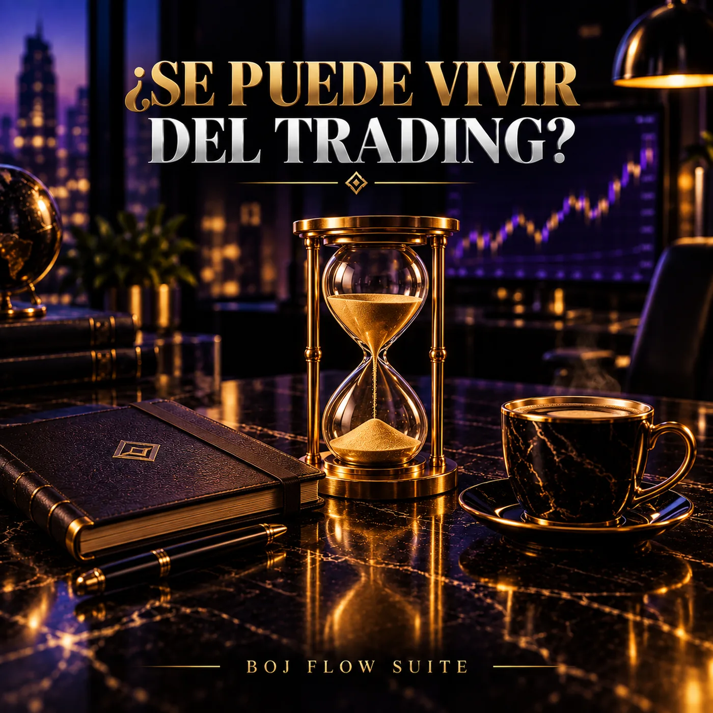 Reloj de arena de latón con la arena a medias, un diario cerrado y una taza de café sobre mármol negro, con el rótulo ¿Se puede vivir del trading?