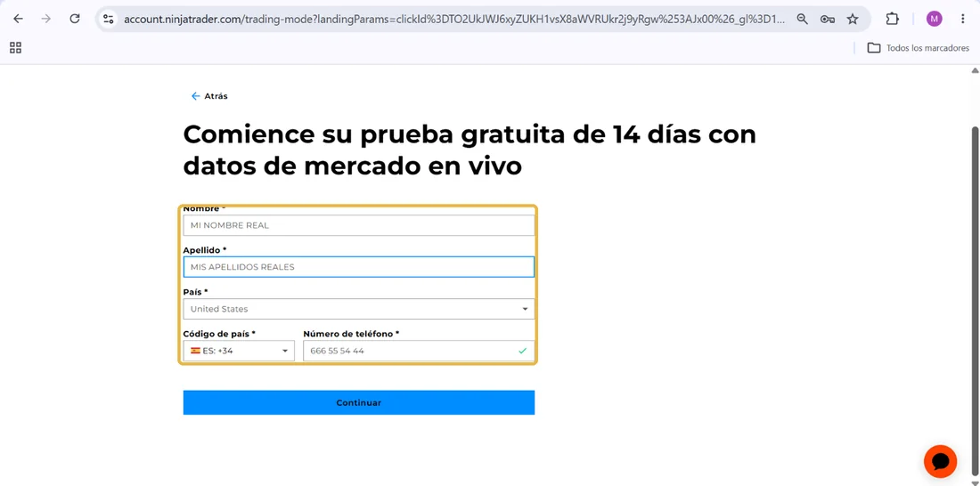 Tus datos para la prueba