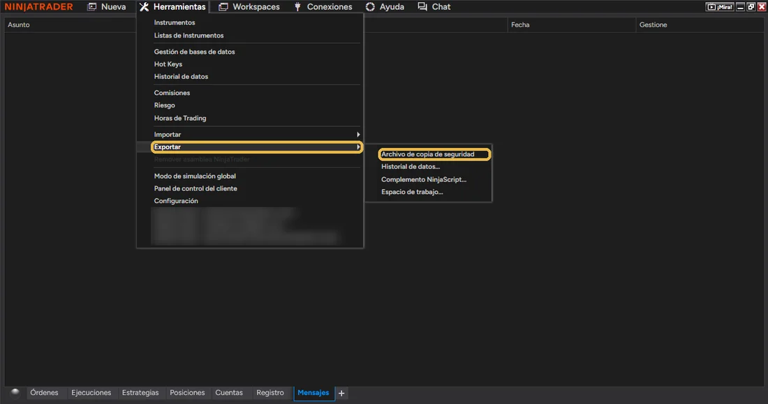 Herramientas → Exportar → Archivo de copia de seguridad