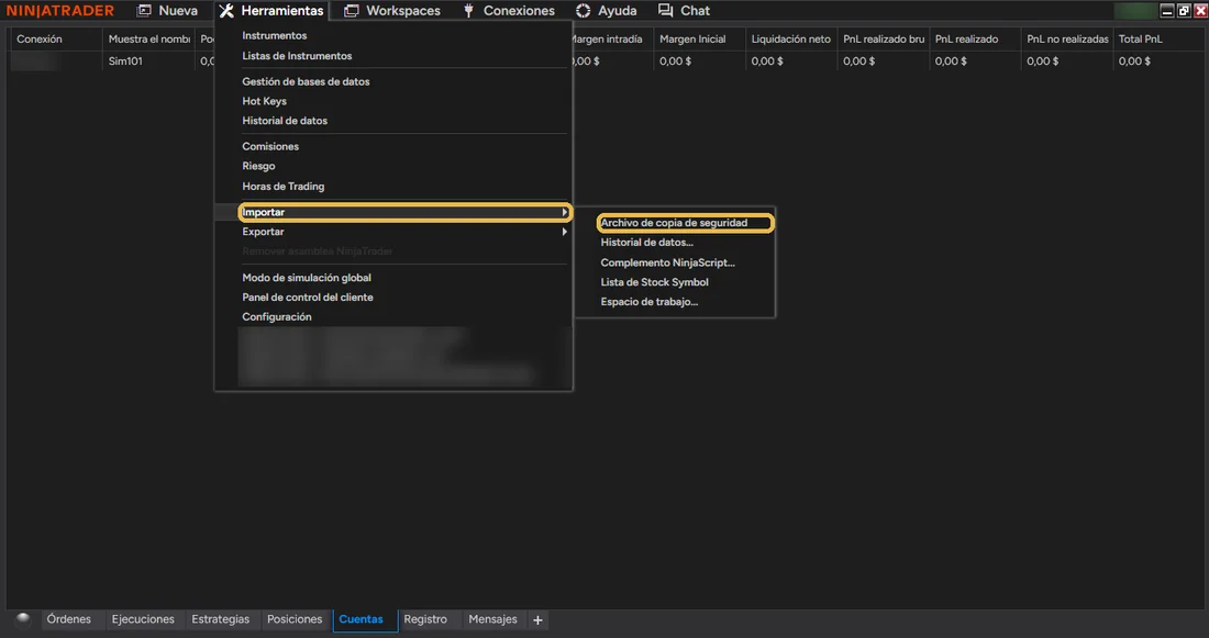 Restaurar: Herramientas → Importar → Archivo de copia de seguridad