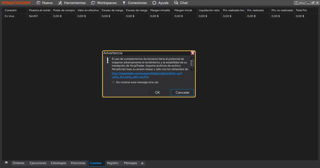 La advertencia de NinjaTrader