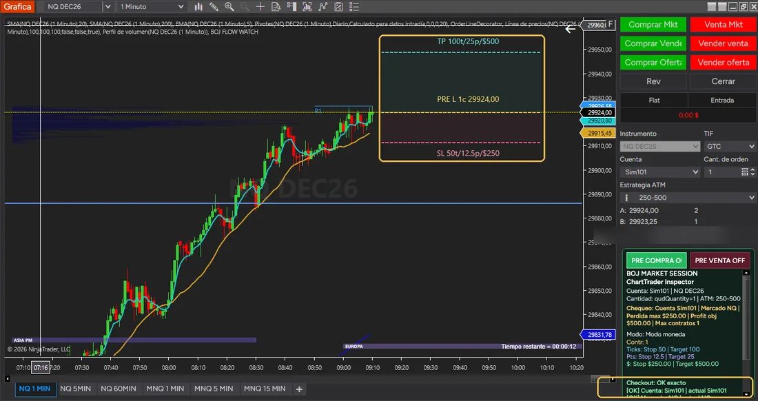 El resumen del Inspector dentro del panel del ChartTrader, con el checkout en OK exacto.